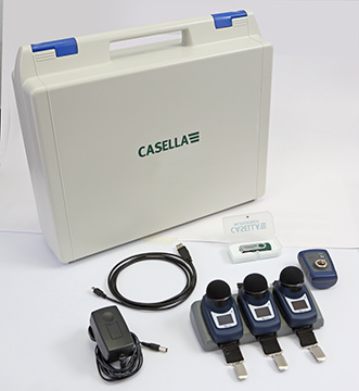 Casella dBadge 3 Dosimeeter Kit photo with case, calibrator, USB cable, software, charger